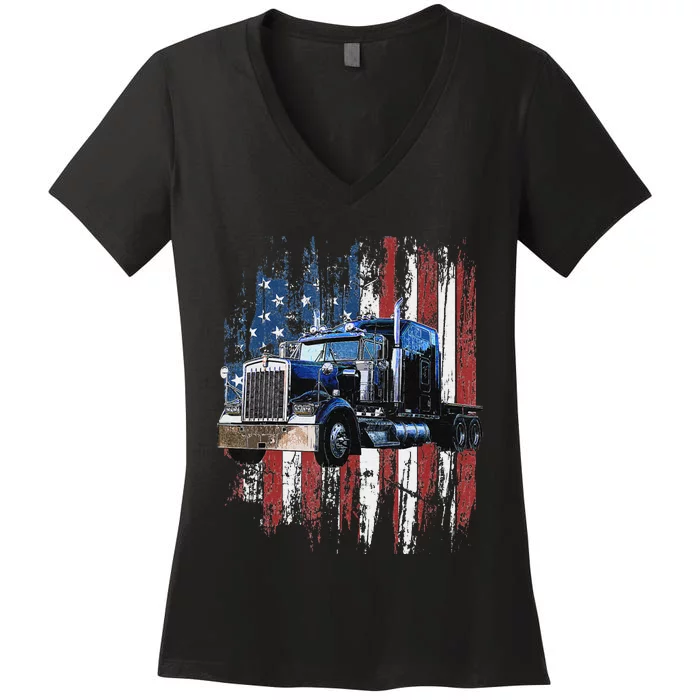 Funny Trucker American Flag Truck Driver Shirt Truck Driver Gift Women's V-Neck T-Shirt