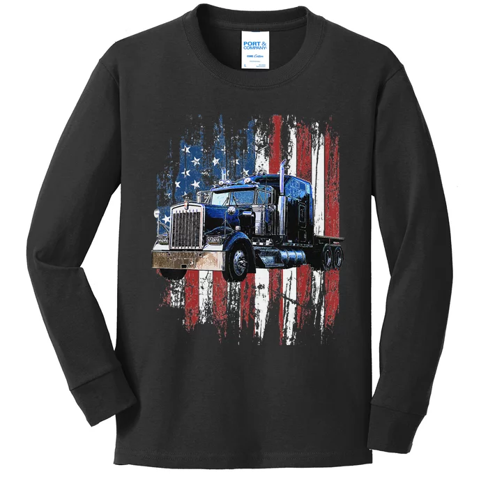 Funny Trucker American Flag Truck Driver Shirt Truck Driver Gift Kids Long Sleeve Shirt