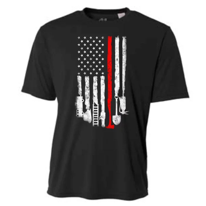 Firefighter Tools And Equipt Stripe American Flag Fire Gift Cooling Performance Crew T-Shirt