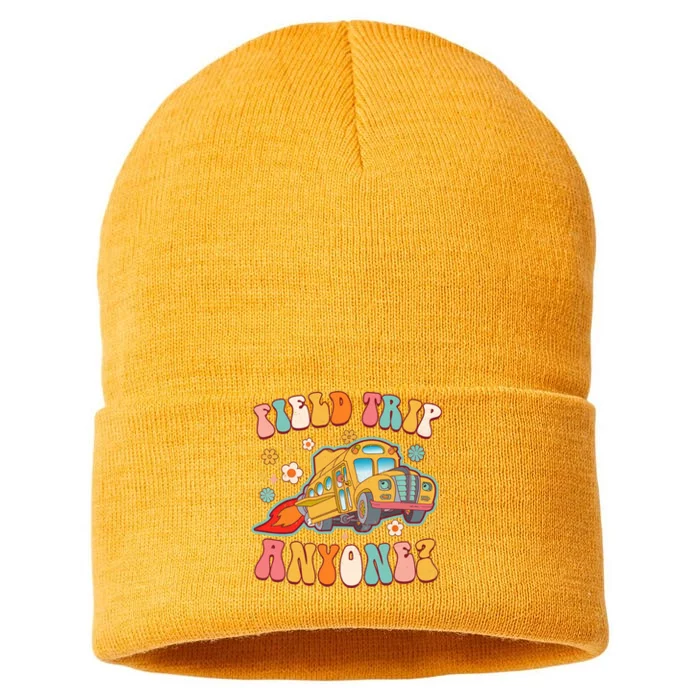 Field Trip Anyone Groovy School Bus Driver Yellow Bus Sustainable Knit Beanie