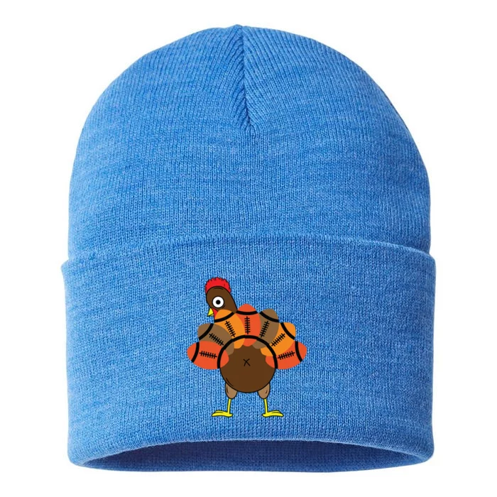 Funny Turkey And Football Thanksgiving Sport Lovers Funny Gift Sustainable Knit Beanie