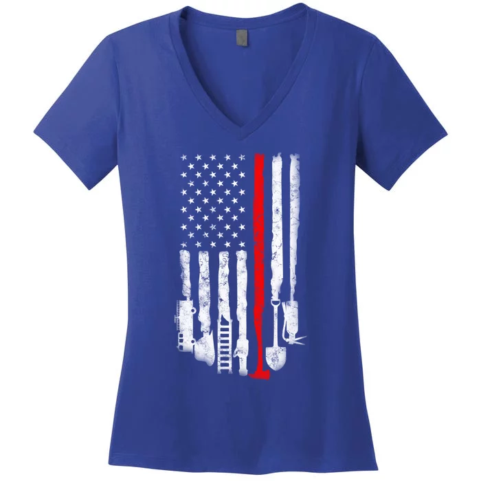 Firefighter Tools And Equipt Stripe American Flag Fire Gift Women's V-Neck T-Shirt