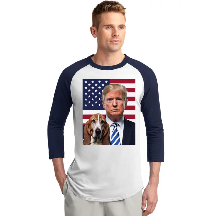 Funny Trump And Basset Hound Dog Usa Flag Election 2024 Vote Baseball Sleeve Shirt