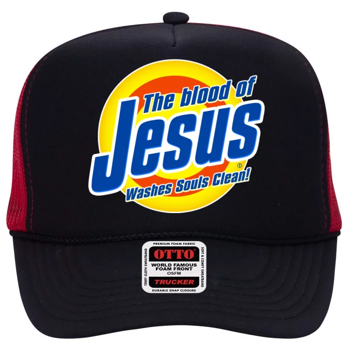 Funny The Blood Of Jesus Washes Souls Clean Detergent High Crown Mesh Trucker Hat