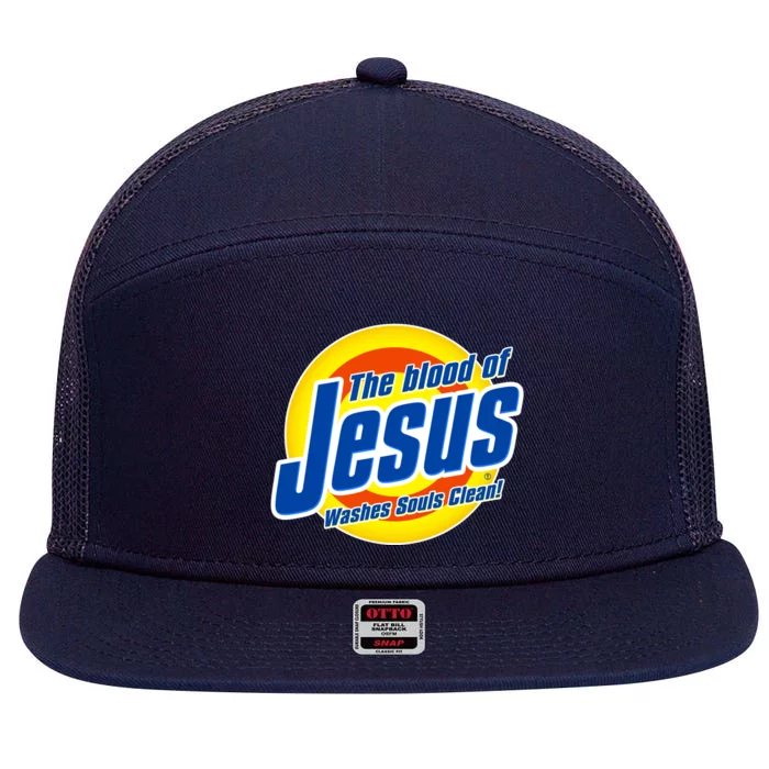 Funny The Blood Of Jesus Washes Souls Clean Detergent 7 Panel Mesh Trucker Snapback Hat