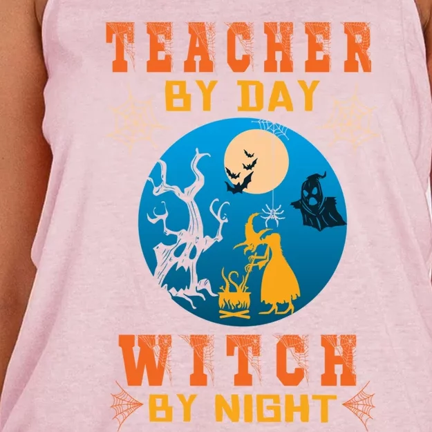 Funny Teacher By Day Witch By Night Halloween Night Cute Gift Women's Knotted Racerback Tank