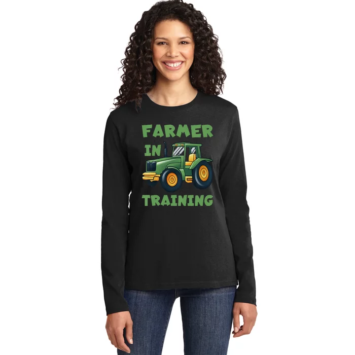 Funny Tractor Boy Farmer In Training Tractor Ladies Long Sleeve Shirt