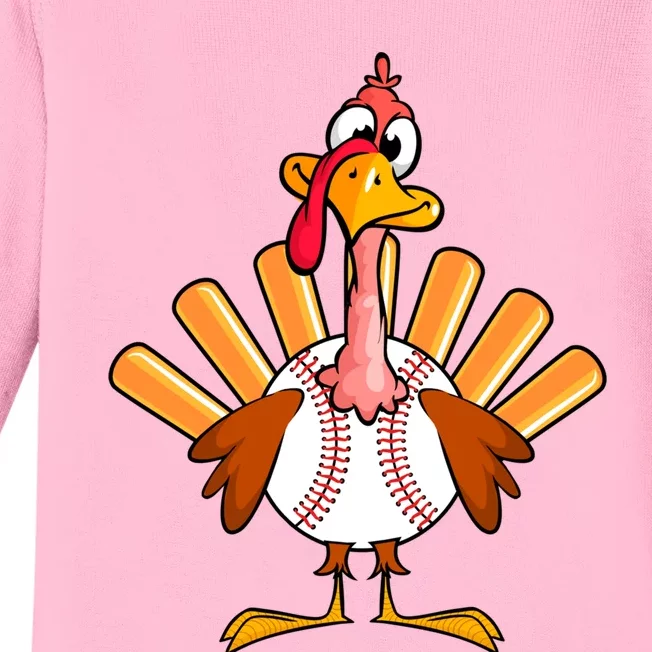 Funny Turkey Baseball Player Thanksgiving Day Baseball Lover Cute Gift Baby Long Sleeve Bodysuit