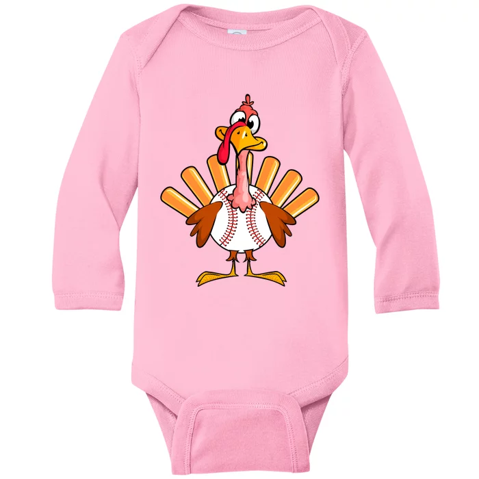 Funny Turkey Baseball Player Thanksgiving Day Baseball Lover Cute Gift Baby Long Sleeve Bodysuit