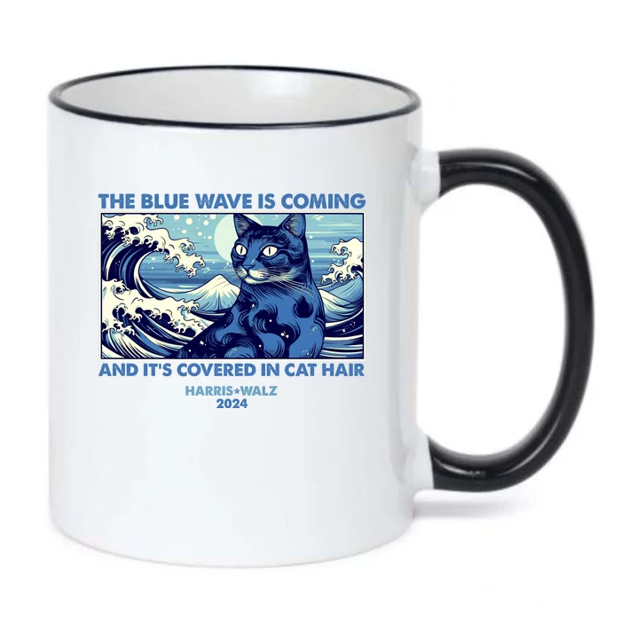 Funny The Blue Wave Is Coming And Its Covered In Cat Hair Harris Walz 2024 Black Color Changing Mug