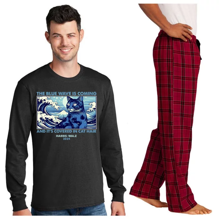 Funny The Blue Wave Is Coming And Its Covered In Cat Hair Harris Walz 2024 Long Sleeve Pajama Set