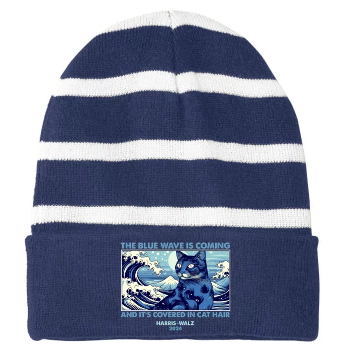 Funny The Blue Wave Is Coming And Its Covered In Cat Hair Harris Walz 2024 Striped Beanie with Solid Band