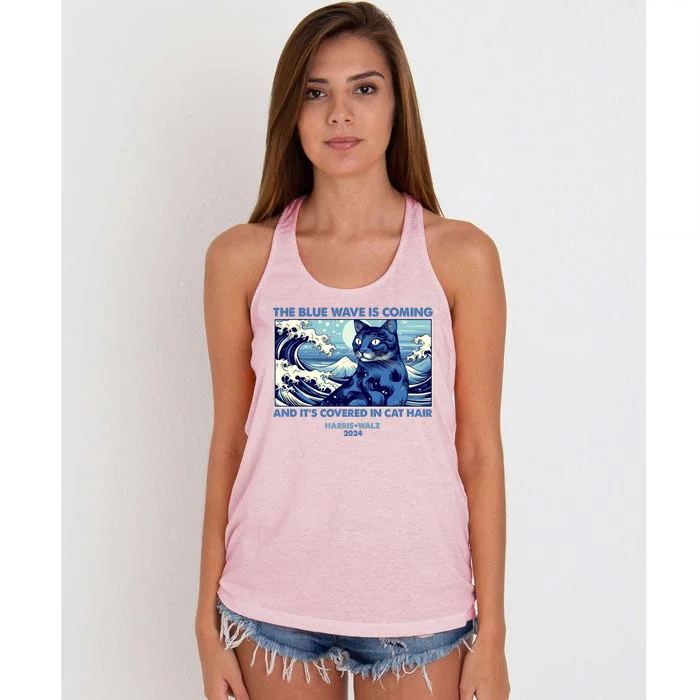 Funny The Blue Wave Is Coming And Its Covered In Cat Hair Harris Walz 2024 Women's Knotted Racerback Tank