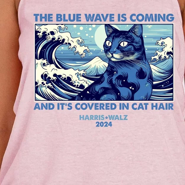 Funny The Blue Wave Is Coming And Its Covered In Cat Hair Harris Walz 2024 Women's Knotted Racerback Tank