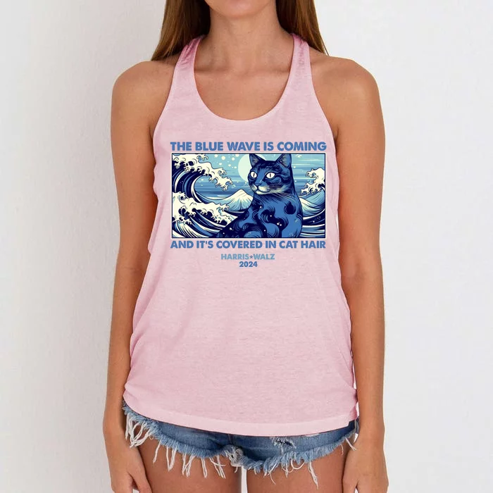 Funny The Blue Wave Is Coming And Its Covered In Cat Hair Harris Walz 2024 Women's Knotted Racerback Tank