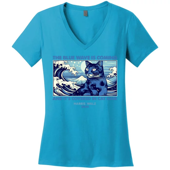 Funny The Blue Wave Is Coming And Its Covered In Cat Hair Harris Walz 2024 Women's V-Neck T-Shirt