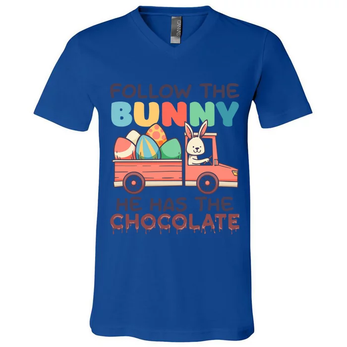 Follow The Bunny He Has Chocolate Retro Vintage Easter Day Gift V-Neck T-Shirt