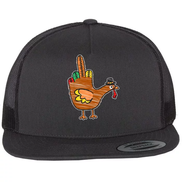 Flipping The Bird Thanksgiving Turkey Funny Drawing Flat Bill Trucker Hat