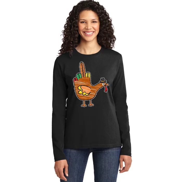 Flipping The Bird Thanksgiving Turkey Funny Drawing Ladies Long Sleeve Shirt