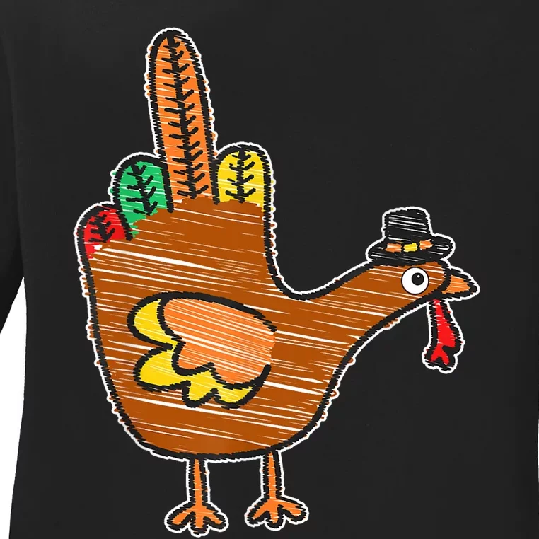 Flipping The Bird Thanksgiving Turkey Funny Drawing Ladies Long Sleeve Shirt