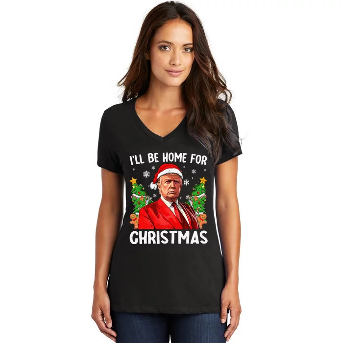 Funny Trump Christmas Santa Hat ILl Be Home For Christmas Women's V-Neck T-Shirt