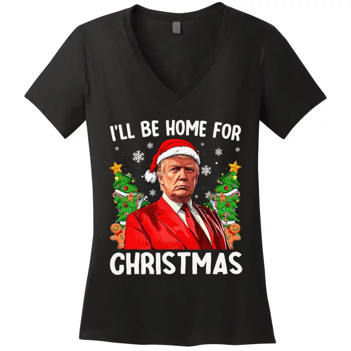 Funny Trump Christmas Santa Hat ILl Be Home For Christmas Women's V-Neck T-Shirt