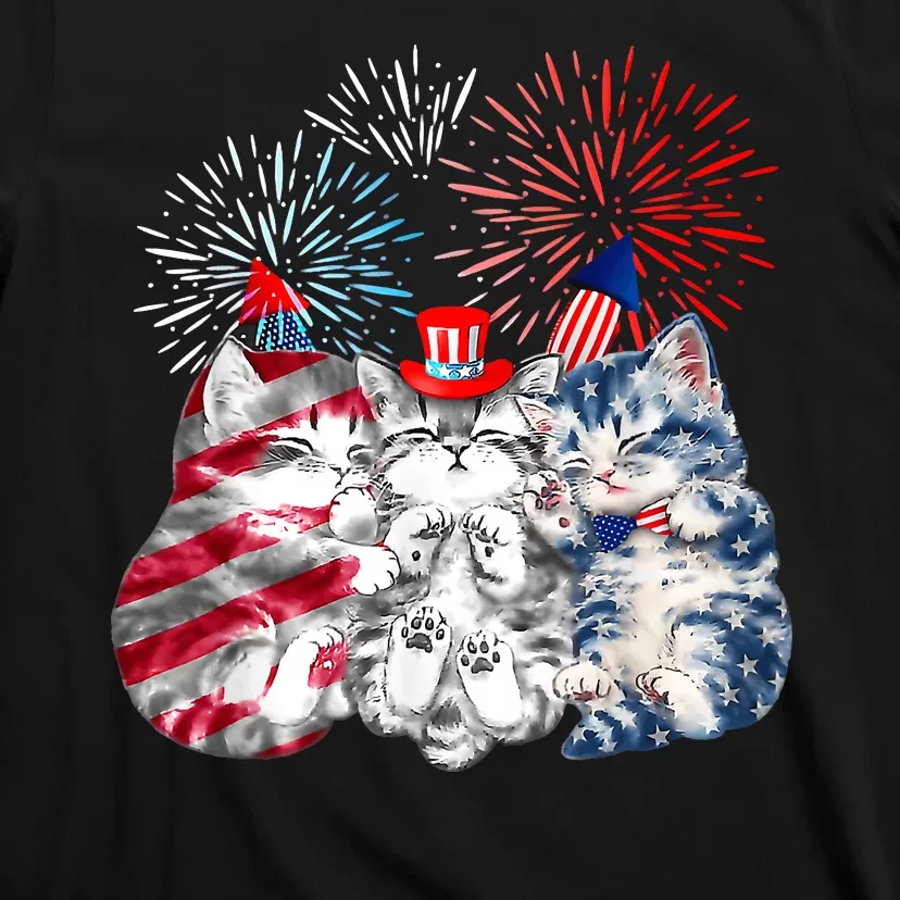 Funny Three Cat 4th Of July American Flag Patriotic Cat T-Shirt