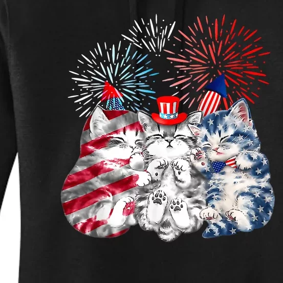 Funny Three Cat 4th Of July American Flag Patriotic Cat Women's Pullover Hoodie