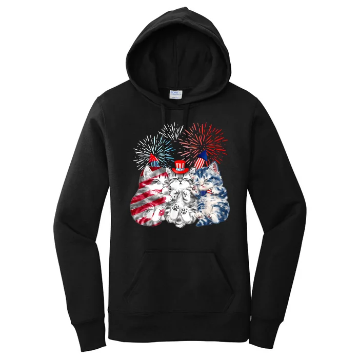 Funny Three Cat 4th Of July American Flag Patriotic Cat Women's Pullover Hoodie