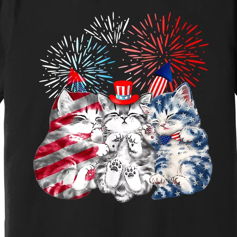 Funny Three Cat 4th Of July American Flag Patriotic Cat Premium T-Shirt