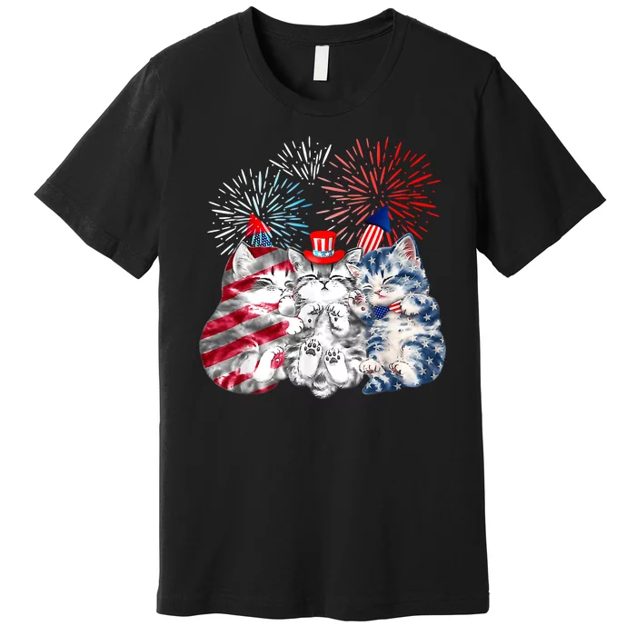 Funny Three Cat 4th Of July American Flag Patriotic Cat Premium T-Shirt