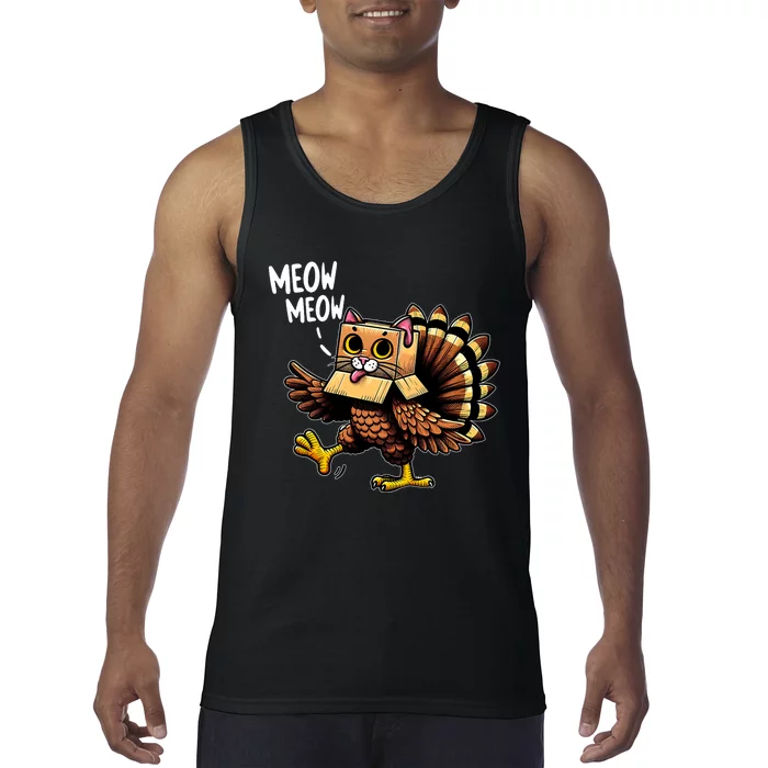 Funny Turkey Cat Meow Happy Thanksgiving Day Tank Top