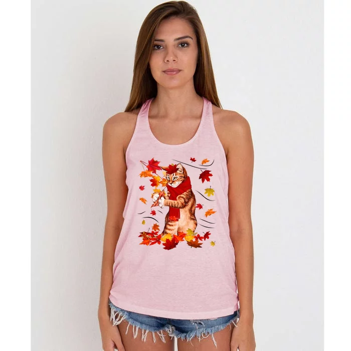 Funny Thanksgiving Cats Autumn Fall Cat Lovers Cat Mom Gift Women's Knotted Racerback Tank