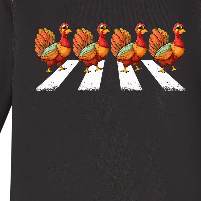 funny turkey Crossing Road Crosswalk Thanksgiving Day Baby Long Sleeve Bodysuit