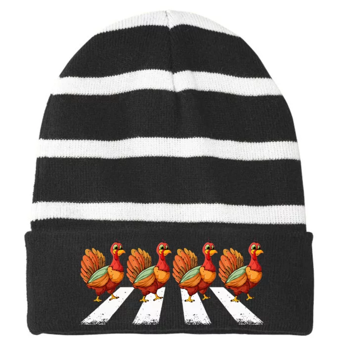 funny turkey Crossing Road Crosswalk Thanksgiving Day Striped Beanie with Solid Band