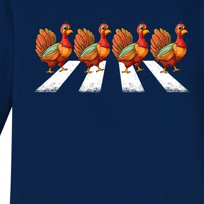 funny turkey Crossing Road Crosswalk Thanksgiving Day Baby Long Sleeve Bodysuit