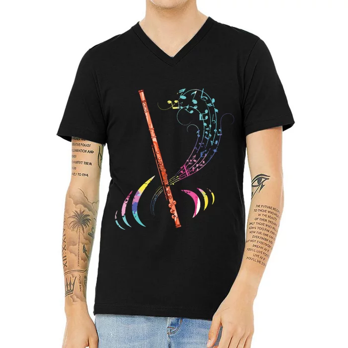 Flutist Treble Clef Classical Music Colorful Flute V-Neck T-Shirt