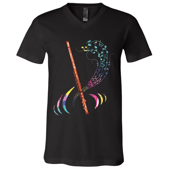 Flutist Treble Clef Classical Music Colorful Flute V-Neck T-Shirt