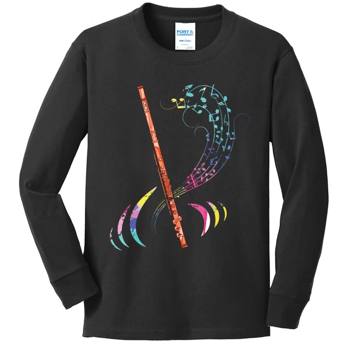 Flutist Treble Clef Classical Music Colorful Flute Kids Long Sleeve Shirt