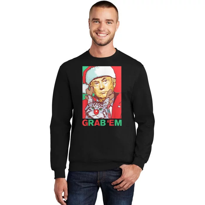 Funny Trump Cat Grab Em Vintage Retro Christmas Trump Gift Tall Sweatshirt