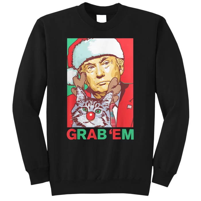 Funny Trump Cat Grab Em Vintage Retro Christmas Trump Gift Tall Sweatshirt