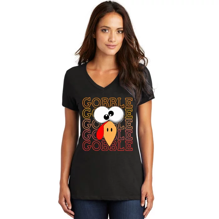 Funny Thanksgiving Crazy Turkey Face Gobble Gobble Gobble Women's V-Neck T-Shirt