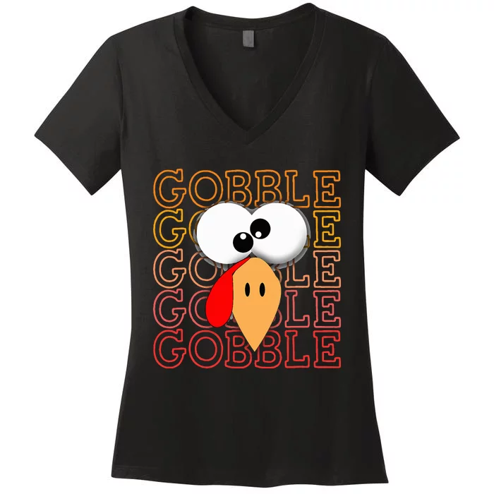 Funny Thanksgiving Crazy Turkey Face Gobble Gobble Gobble Women's V-Neck T-Shirt