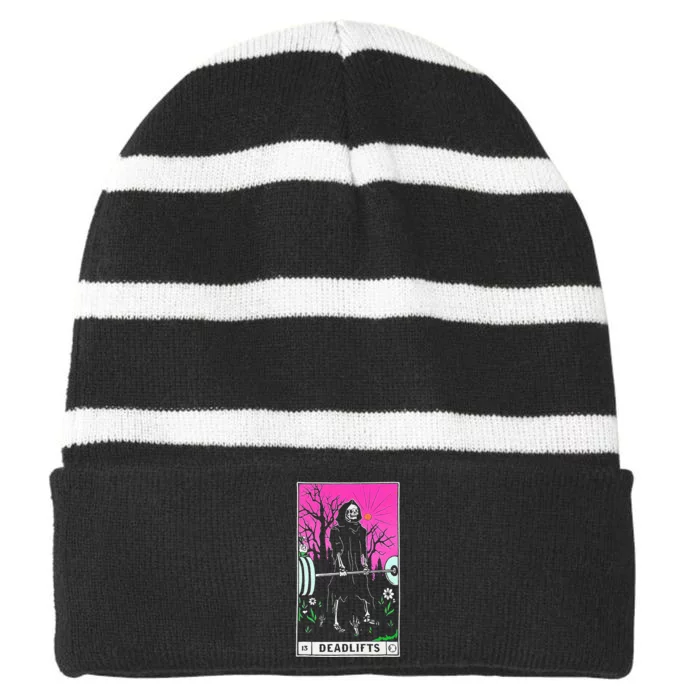 Funny Tarot Card Deadlifts Gym Workout Occult Reader Black Classic Fit Striped Beanie with Solid Band