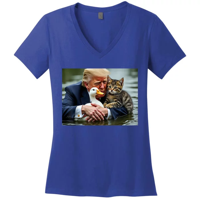 Funny Trump Cat And Duck Memes Christmas Halloween Vote Sign Women's V-Neck T-Shirt