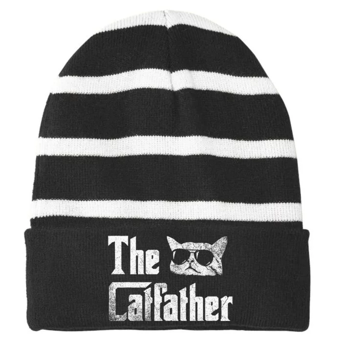 Funny The Catfather Cool Cat Daddy Glasses Gift Striped Beanie with Solid Band