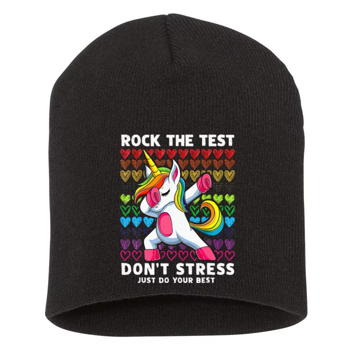 Funny Test Day Rock The Test Dabbing Unicorn Short Acrylic Beanie