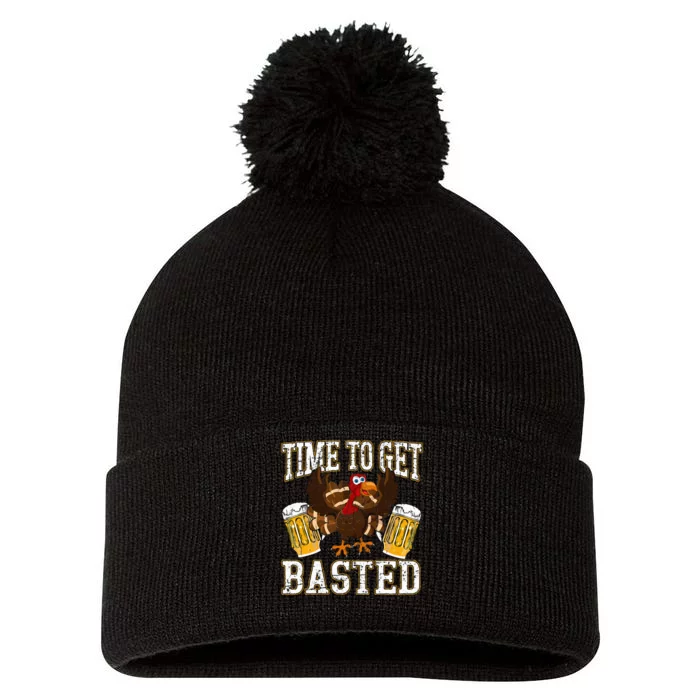 Funny Thanksgiving Drinking Time To Get Basted Turkey Pom Pom 12in Knit Beanie