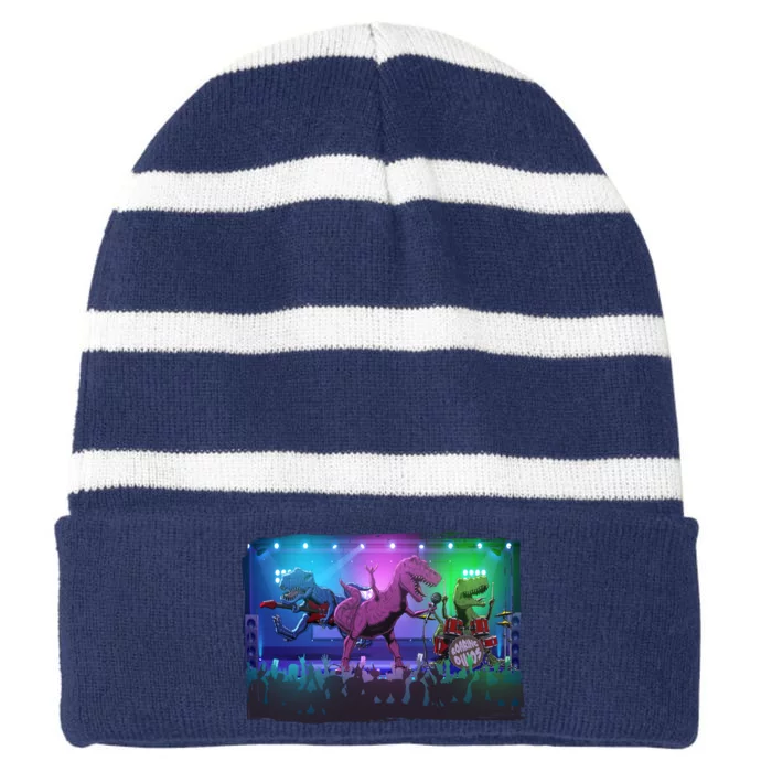 Funny Trex Dinosaurs Rock Band Concert Striped Beanie with Solid Band