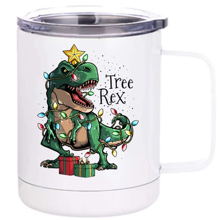 Funny Trex Dinosaur Christmas Tree Rex Gift Front & Back 12oz Stainless Steel Tumbler Cup